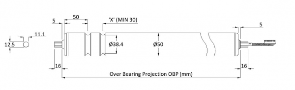UX50 Motorised Roller Range – Dimensions & Part Number Detail Technical Drawing